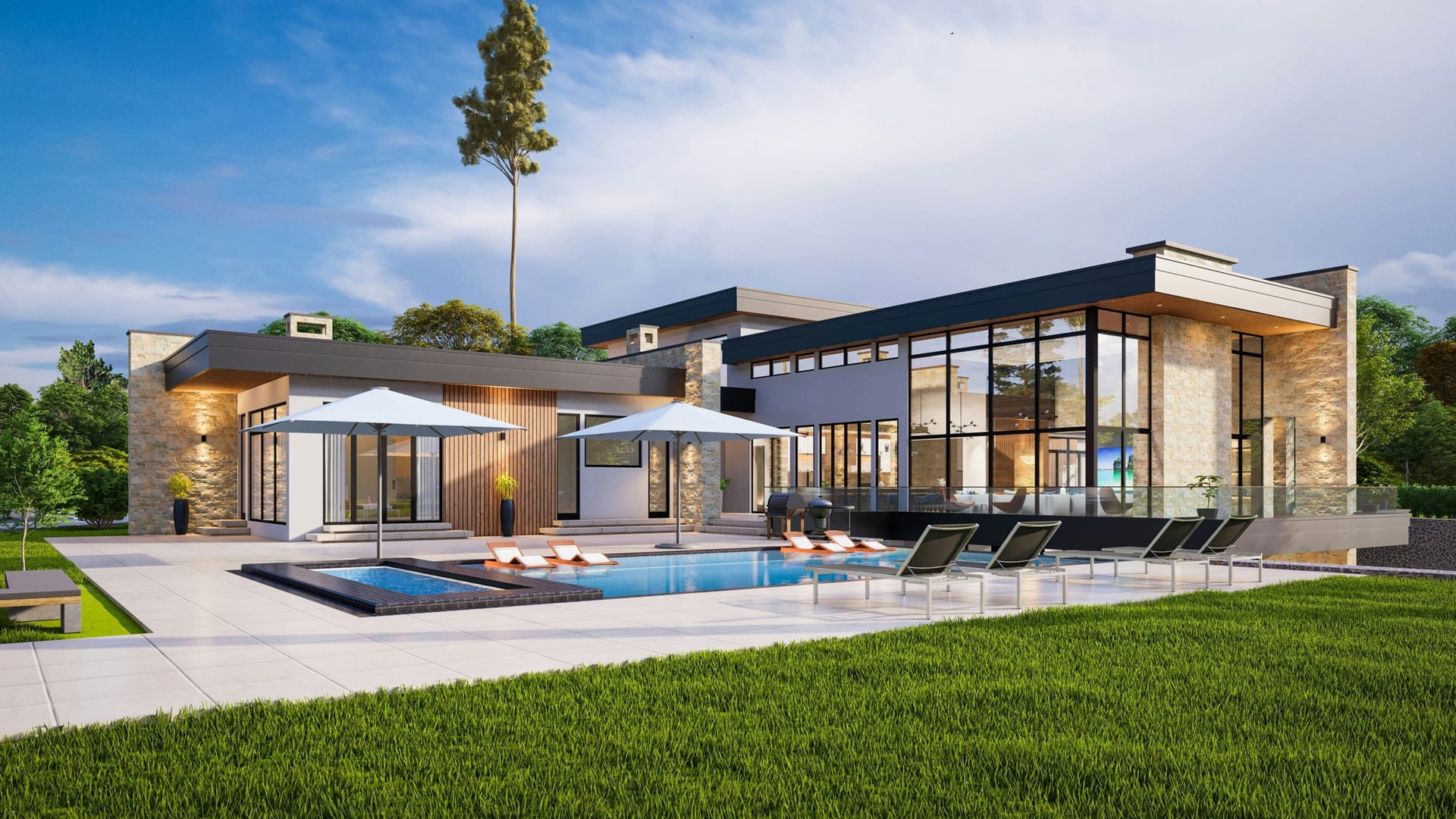 Luxury modern home exterior with glass, stone, wood cladding, pool, and outdoor living terrace.