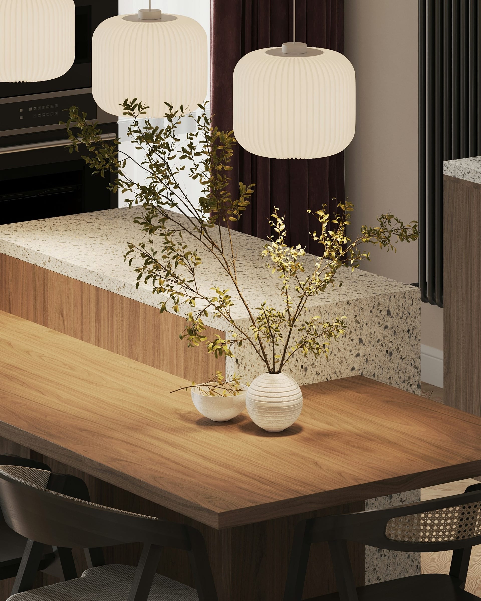 Soft neutral kitchen cabinet and countertop detail with integrated under-cabinet lighting.